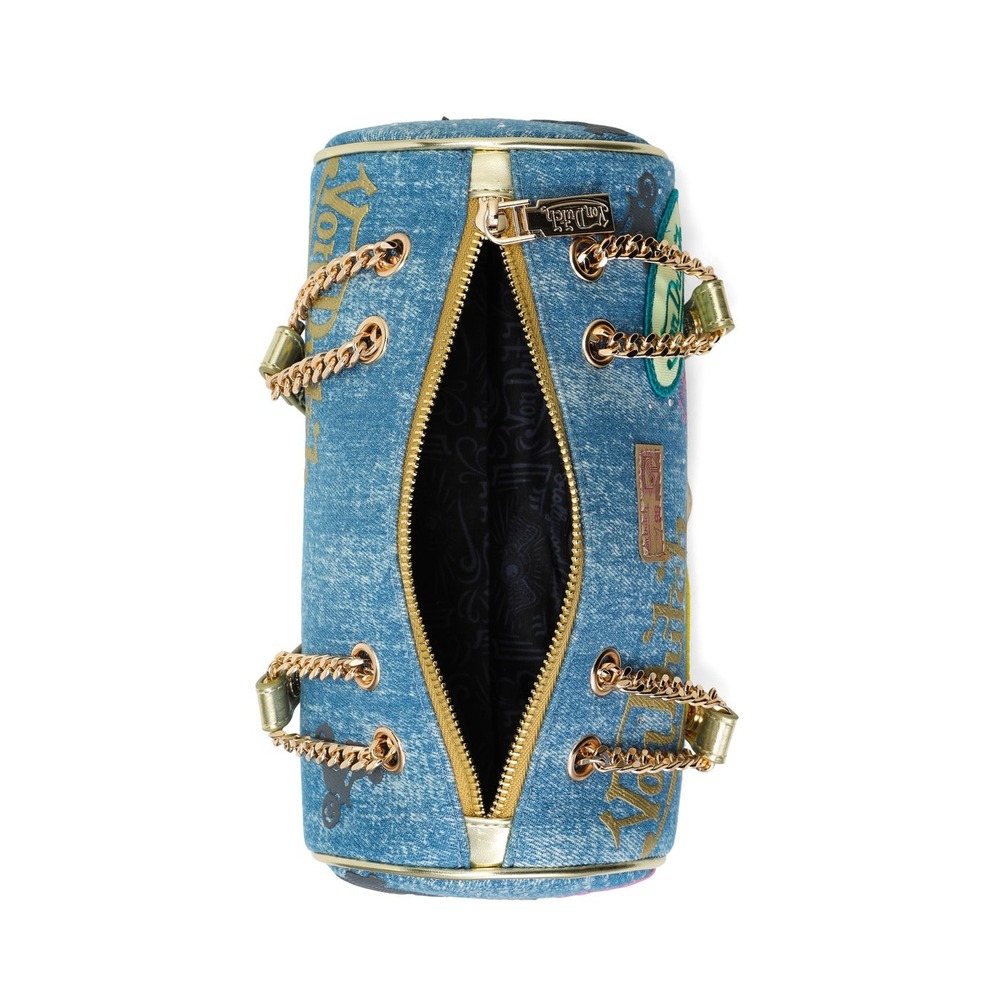 Von Dutch Denim Barrel Bag Y2K Blue Multi Logo Patch Gold Chain Strap Small - Picture 8 of 9